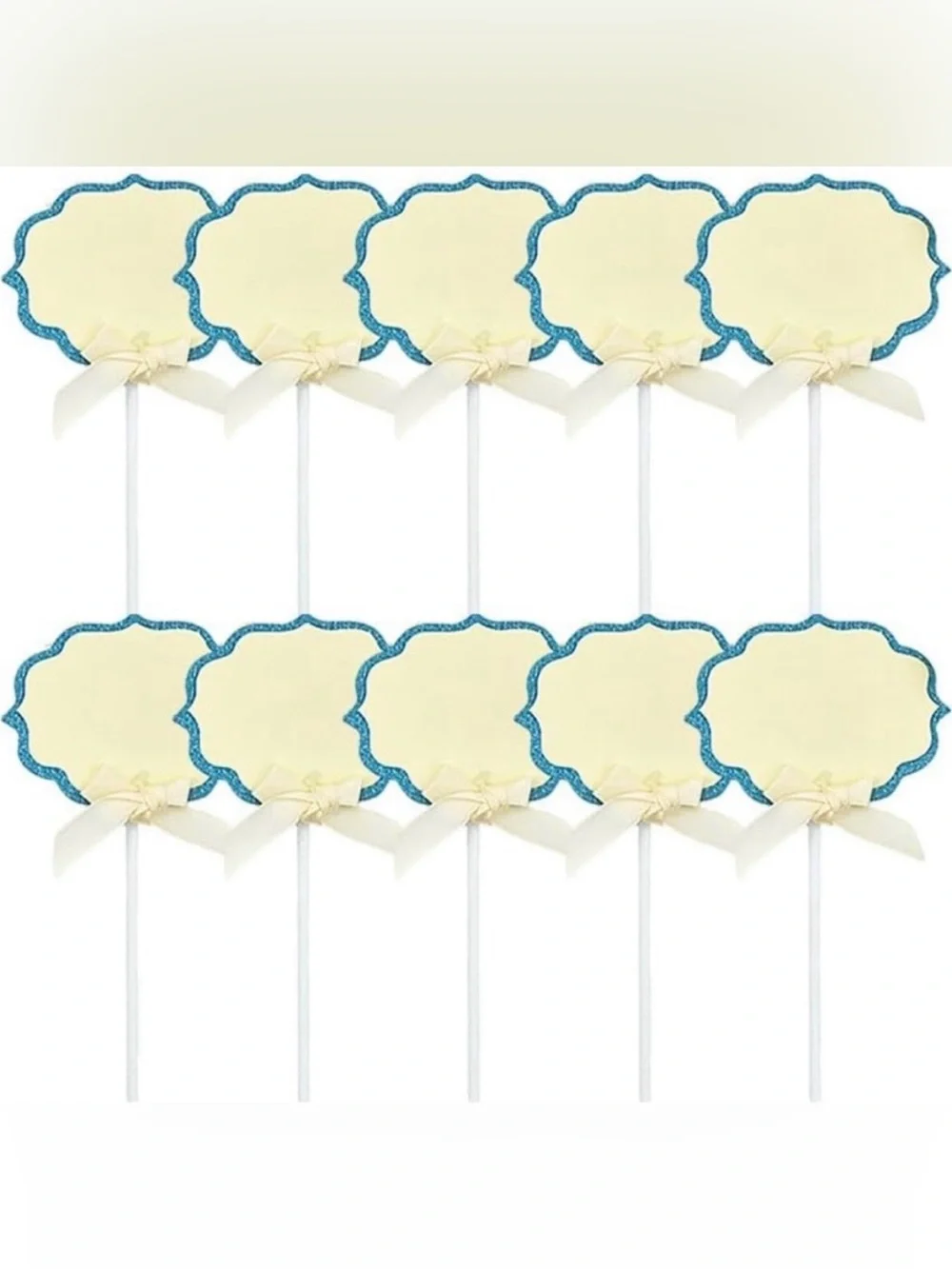 💞 New Pack of 10 Cream & Blue Glitter Buffet Food Label Cupcake Toppers